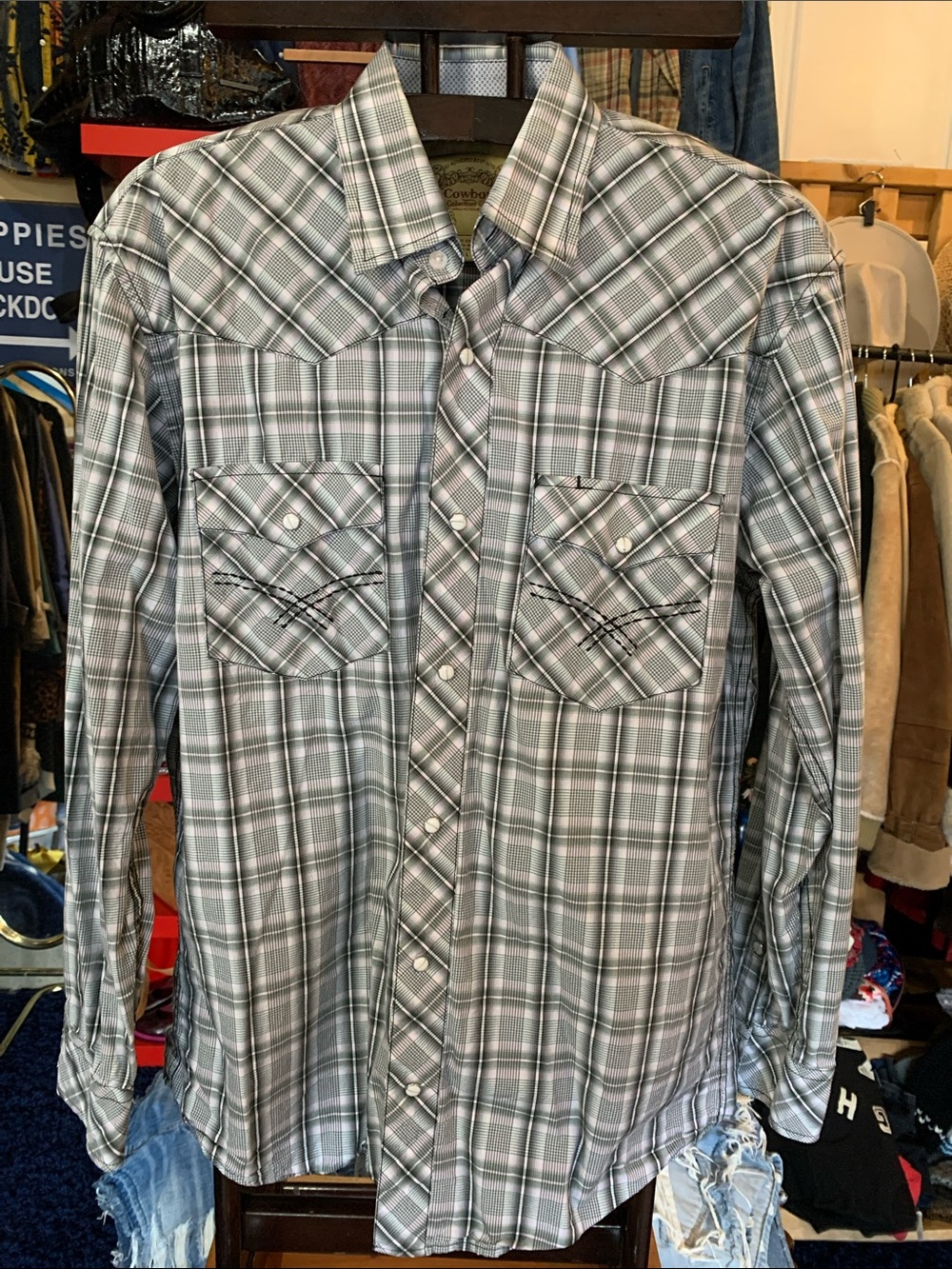 Western Men's Gray and Blue Plaid Button-Down Shirt